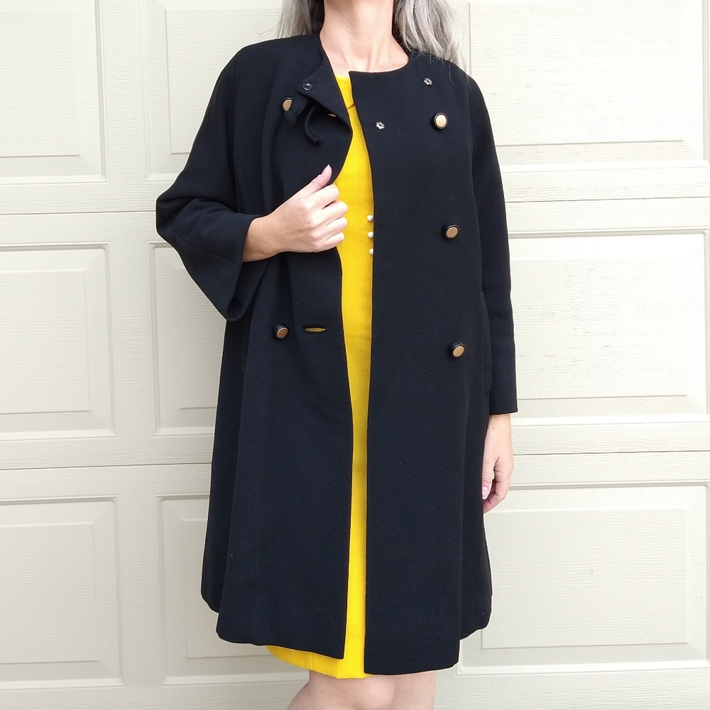 BLACK WOOL WEAVE COAT vintage 1960's 60's S M - Picture 4 of 10